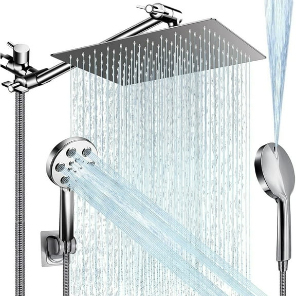 9.8''Rainfall Shower Head with Handheld Combo High Pressure 6 MODE built-in power wash, Stainless Steel Chrome Showerhead with 11'' Extension Arm Height/Angle Adjustable with Holder&59"Hose