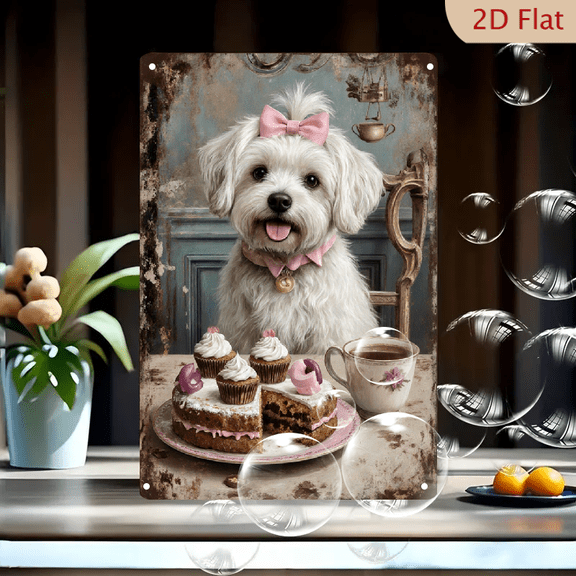 Vintage White Fluffy Dog with Pink Bow at Rustic Table, Sliced Cake & Teacup Wall Art, 8x12in Metal Tin Sign, Cozy Storybook Tea Party Decor for Home Cafe