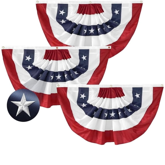 Tivamiko 3pcs 2x4ft Patriotic Pleated Fan Flags with Embroidered Stars- American Bunting for 4th of July Porch & Garden Décor