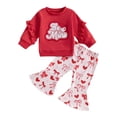 thumbnail image 1 of Gupgi 2pcs Toddler Girl Valentine's Day Set Letter Embroidered Ruffled Long Sleeve Sweatshirt Heart Bow Flare Pants, 1 of 9