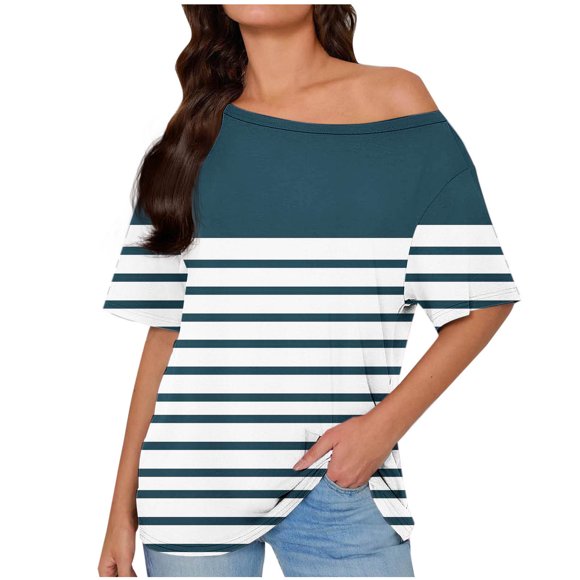 Olyvenn Hauts d'Été pour Femmes 2025 Tendance Col Rond Manches Courtes Blouses Vêtements de Détente Chemises Épaules Dénudées Tenue d'Intérieur Blouse Vacances Vêtements Rayés Bleu Marine P