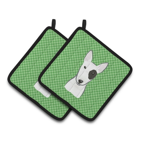 Carolines Treasures BB1132PTHD Green Checkered Bull Terrier Pair of Pot Holders, 7.5HX7.5W, multicolor