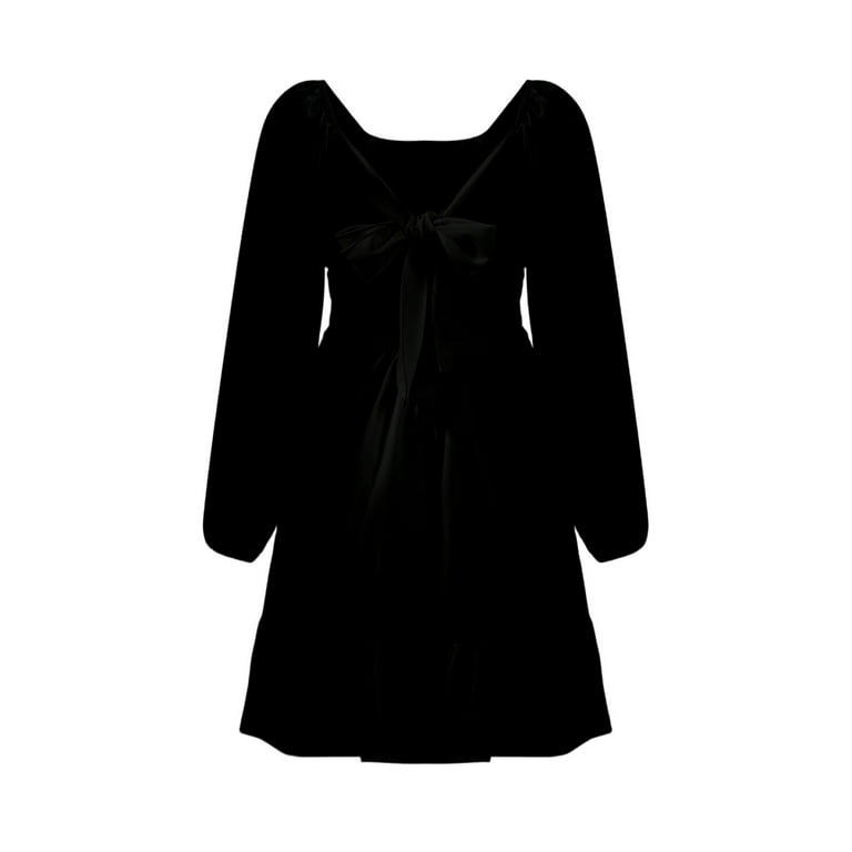 Coerni Teen Girls Puffy Long Sleeve Dress Square Neck Tie Back Midi  Sundress Oversized Bow Dresses Elegant A Line Party Gown - Walmart.com