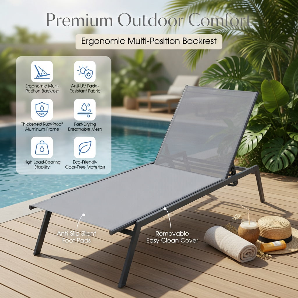 Hommoo Outdoor Adjustable Chaise Lounge Chair, Lay-Flat Steel Frame Sun Lounger with Quick-Drying Breathable Fabric, Patio & Poolside Recliner, Gray