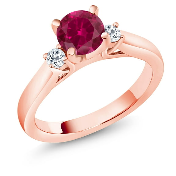 Gem Stone King 18K Rose Gold Plated Silver Red Created Ruby and White Topaz 3-Stone Engagement Ring for Women (1.28 Cttw, Round 6MM, Gemstone July Birthstone, Size 5)