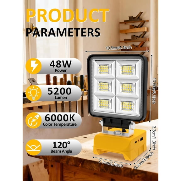 OTGFRF-Cordless LED Work Light Compatible with Dewalt 20V Max Battery,5200LM Flashlight 20v, Flood Battery Work Light 140°Adjustable with Low Voltage Protection for Outdoors and Job Site Lighting