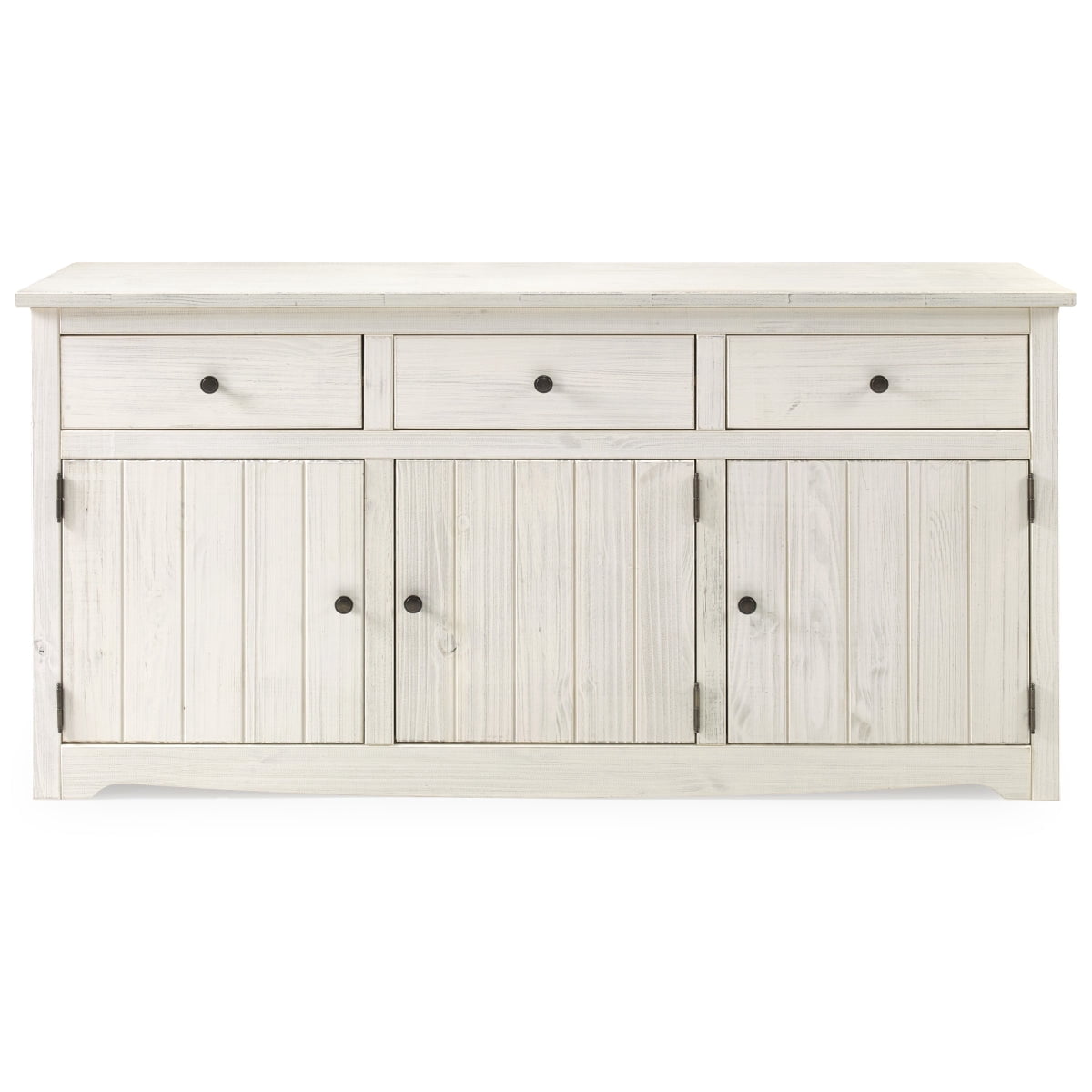 OSHOME 66" Farmhouse Solid Pine Accent Buffet Sideboard with 3 Drawers in Distressed White