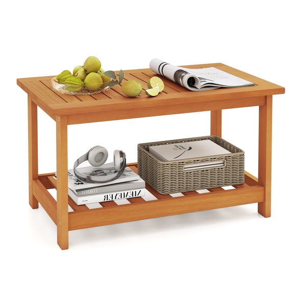 Patiojoy Acacia Wood Coffee Table 2-Tier Wooden Coffee Table with Slatted Tabletop & Storage Shelf