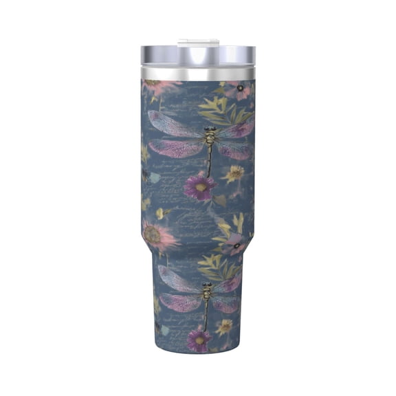 Dragonfly Cup Insulated Tumbler Stainless Steel Vacuum Travel Mug 40 oz with Handle and Straw Lid