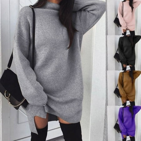 - Fashion Women´s Middle Collar Long Sleeve Jumper Sweater Loose Pullover Dress