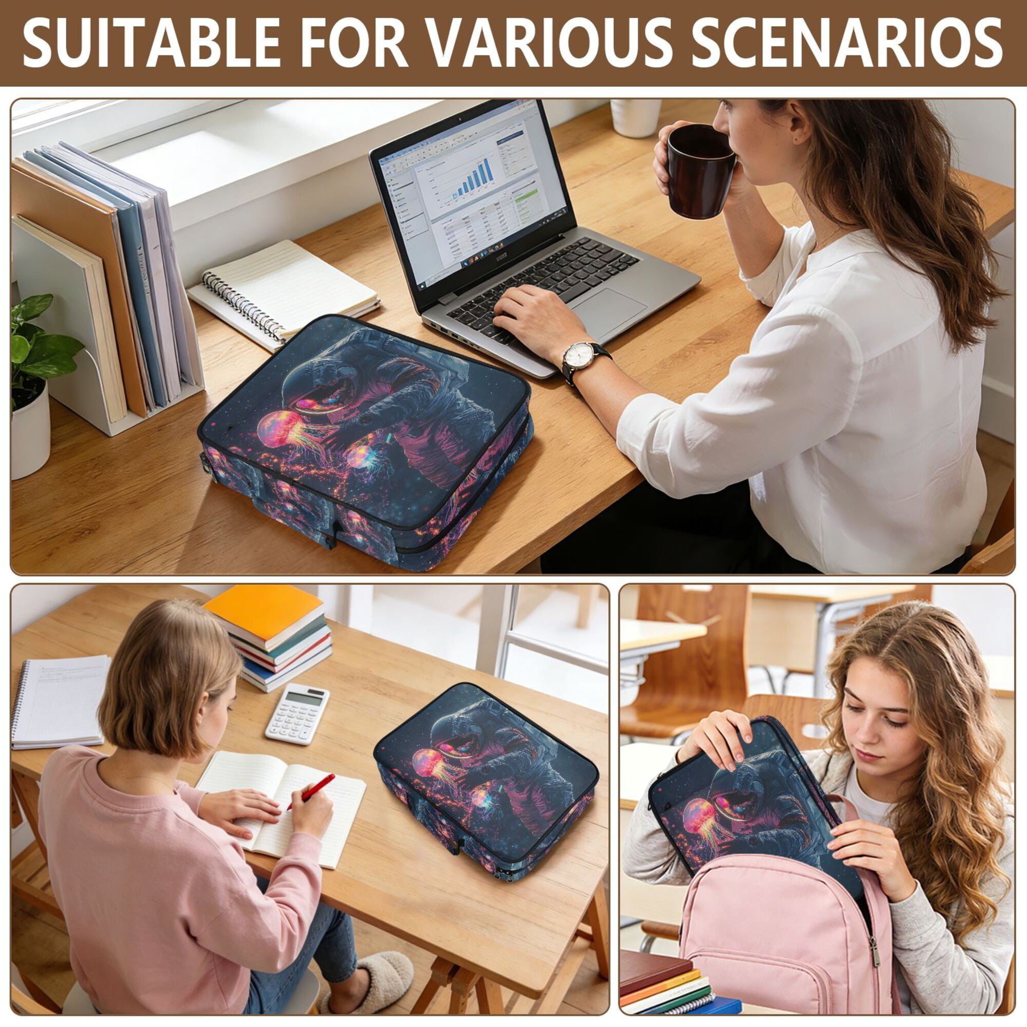 FORMRS Accordion File Folder A4 Size 7-Pocket Expanding Document Organizer Bag with 3 Ring Binder, Glowing Jellyfish