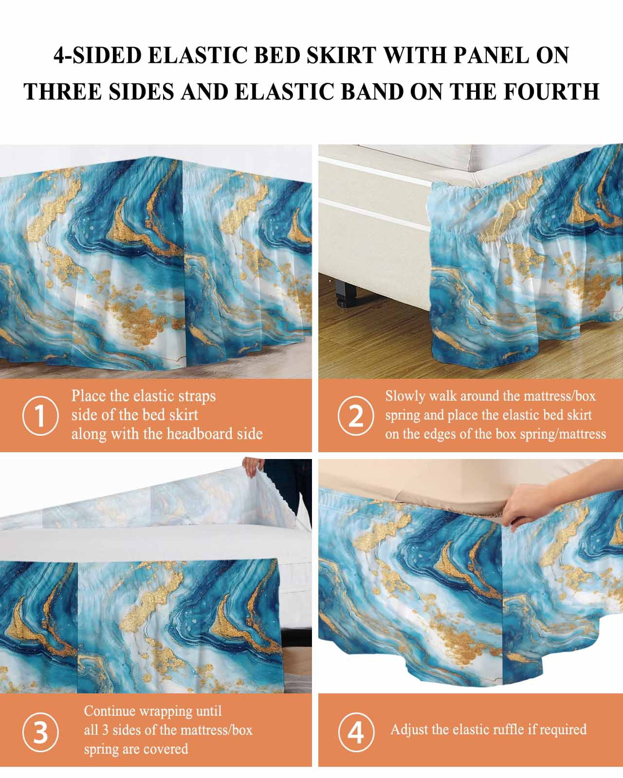Blue Marble Wrap Around Bed Skirts for Queen Bed 16" Drop,Bed Skirt with Adjustable Elastic Belt Dust Ruffle Bed Valance for Bedroom Hotel Luxury Luxury Yellow Modern Ink Painting Art Bed Frame Cover