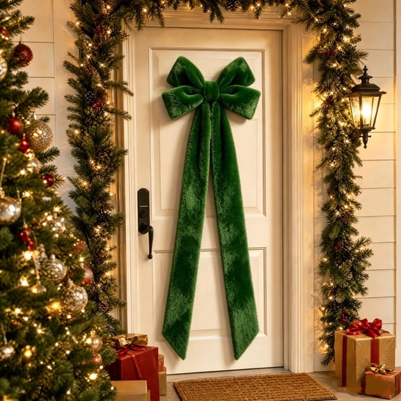 Lypsnake Large Velvet Christmas Bow, Giant Green Velvet Bow with Long Streamers, Oversized Christmas Decorative Bow for Front Door Window Mantel Holiday Home Decor