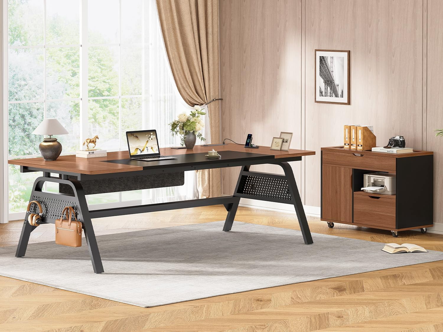 SEDETA L Shaped Computer Desk with Mobile File Cabinet & Power Outlets, Executive Home Office Desk with Storage Drawers, Pegboard, Cable Management, Reversible L Desk for Work & Gaming, Black + Brown