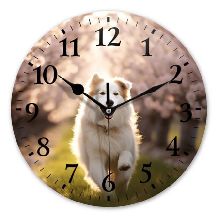 Non-Ticking Silent Wall Clocks Battery Operated Personalized Decor Clock for Bathroom,Office-Happy Dog Running In Cherry Blossom Garden(10inch)