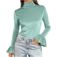 thumbnail image 3 of QATAINLAV Mint Green Womens Velvet Skinny Shirts Mock Neck Long Sleeve Bell Cuffs Tees Casual Dressy Formal Office Tops for Work M, 3 of 8