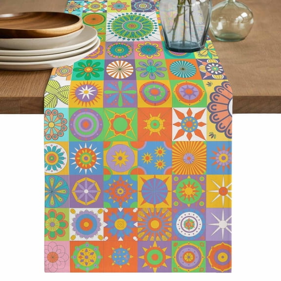 Table Runner 36 Inches Long for Kitchen Dining, Colorful Ethnic Dresser Scarf Farmhouse, Dining Table Decorations for Wedding/Parties, Modern Abstract National Geometric Green 13 x 36 In