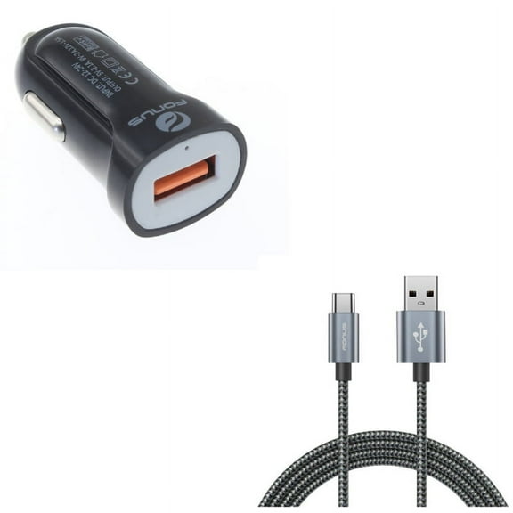 Fast USB Port 18W Car Charger w Charger Cord Type-C 6ft USB Cable J6R for Acer Liquid Jade Primo - Alcatel PulseMix, 7, Idol 5S 5 4S - ASUS Zenfone V Live, ROG Phone, AR 6 5z 4 Pro