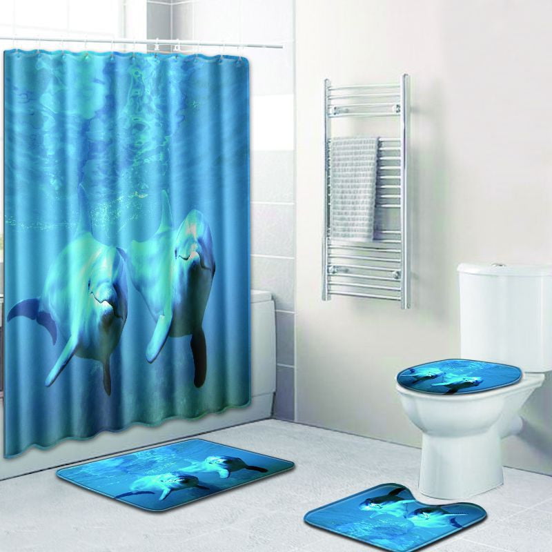 Details about   3D Ocean Dolphin Shower Curtain Bathroom Rug Set Non Slip Bath Mat Toilet Cover 