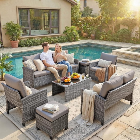 Ainfox 7 Piece Outdoor Patio Furniture Sofa Set on Sale, Brown Rattan Blue Cushions