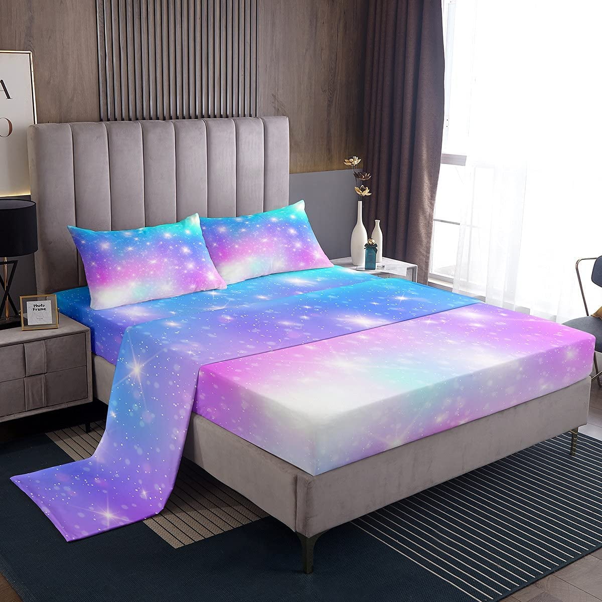 HHHC Tie Dye Bed Sheet Set Twin Size for Girls Kids Teens Rainbow Bedding Sets Stars Glitter Bed Sheets Blue Purple Pastel Girly Fitted Sheet Flat Sheet 1 Pillow Case Bedroom