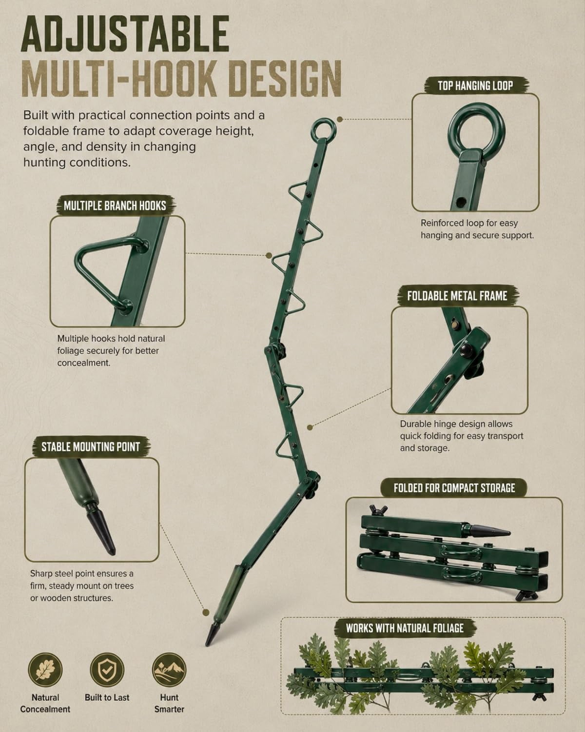 Hunting Concealment Branch Stand, Camouflage Branch Screening Holder with Realistic Oak Leaf Foliage, Tree Stand Blind Cover Camo Screen, Fast Setup Ground Tree Mount for Deer Turkey Hunting