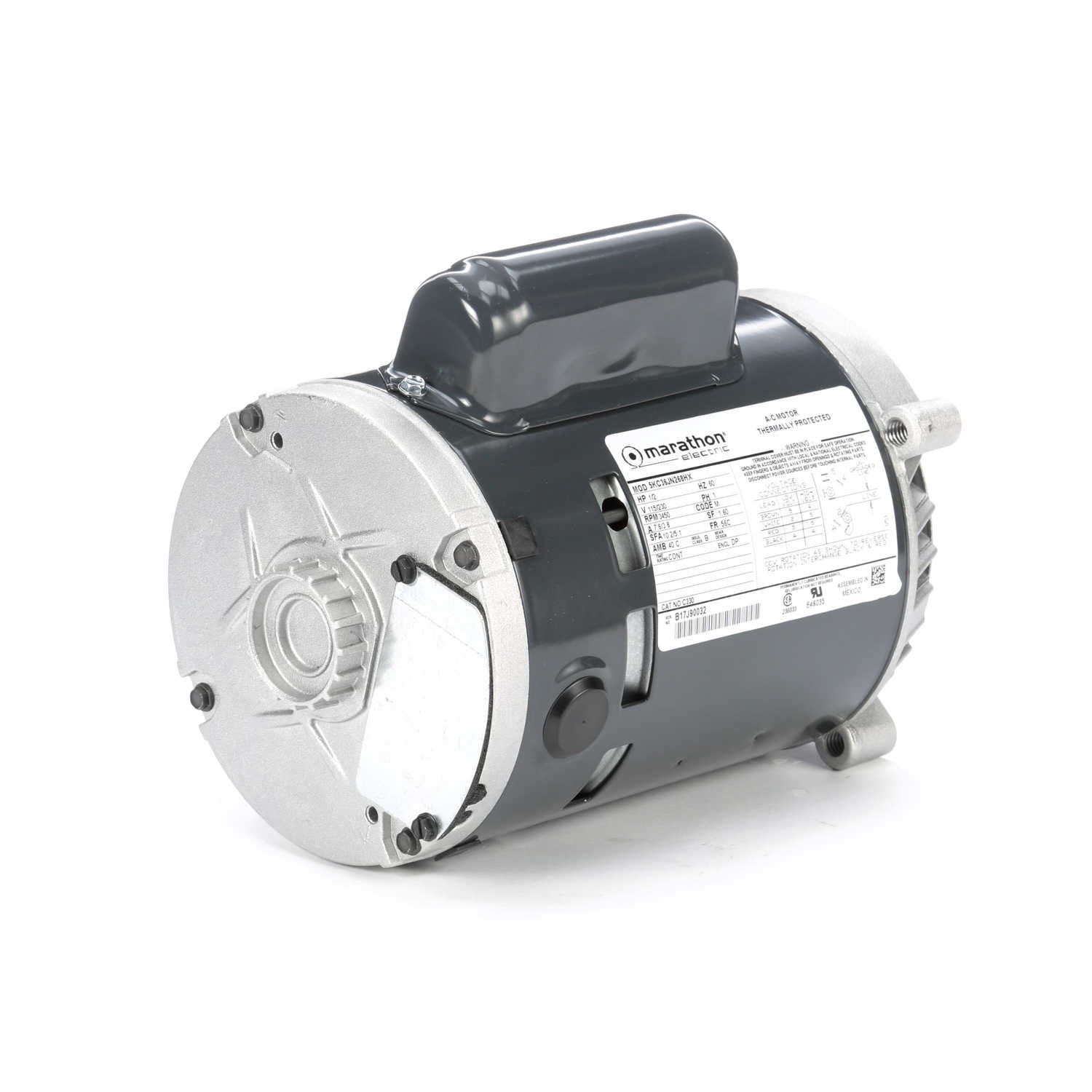 Marathon C330 56C Frame Open Drip Proof 5KC36JN268X Oil Burner Motor, 1/2 hp, 3600 rpm, 115/230 VAC, 1 Phase, 1 Speed, Ball Bearing, C-Face Footless Mount, Capacitor Start