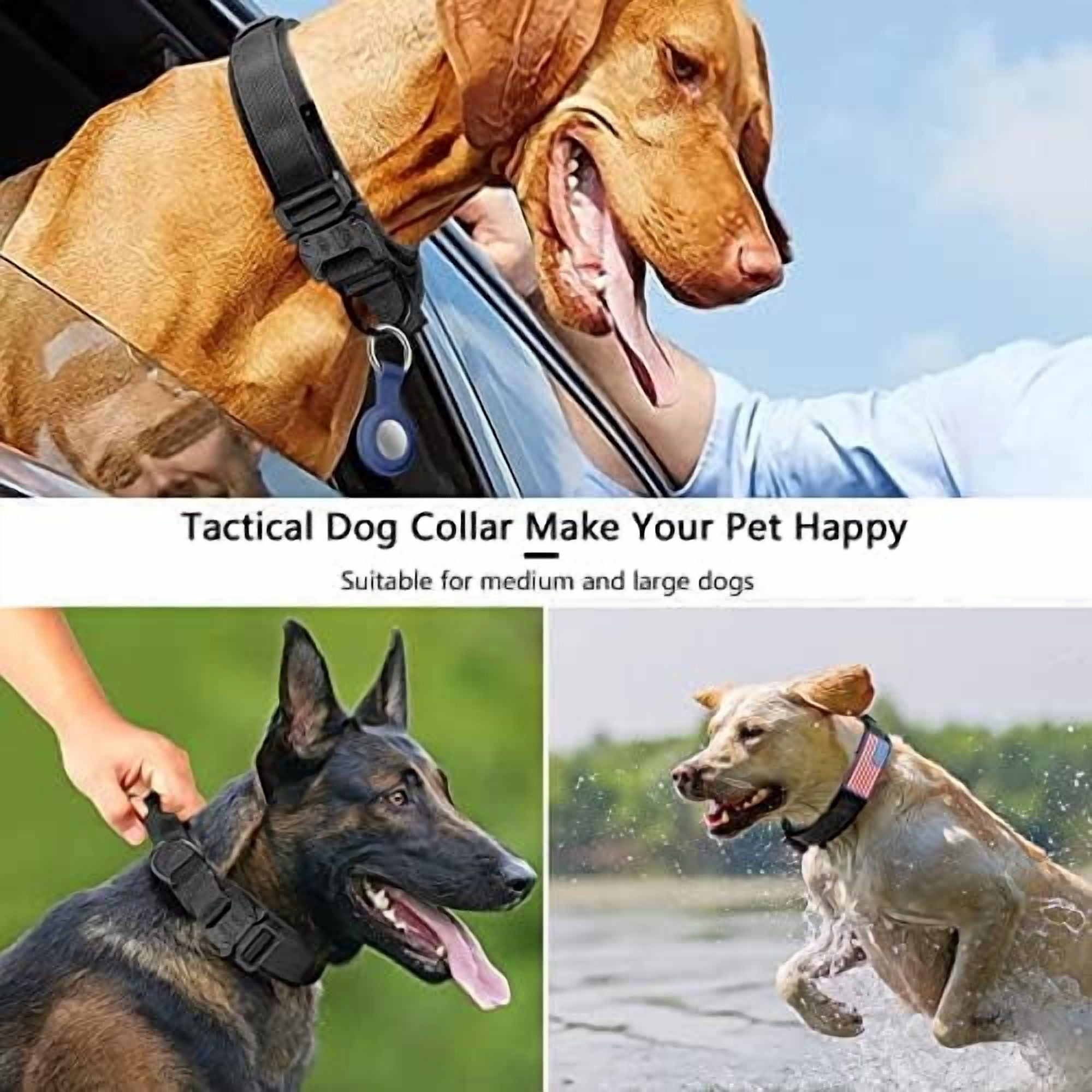 Tactical Dog Collar, Adjustable Military Training Nylon Dog Collar with Control Handle and Heavy Metal Buckle for Medium and Large Dogs, with Patches and Airtags Case (L, Black)