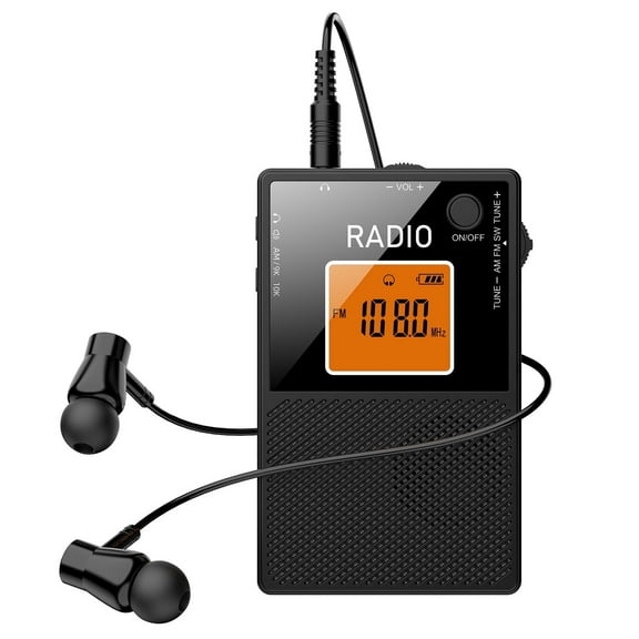 Portable AM FM Radio with LCD Display & Earphone Antenna, Stable Reception Pocket Radio for News, Sports, Music at Home, Walking, Jogging, and Camping, Black