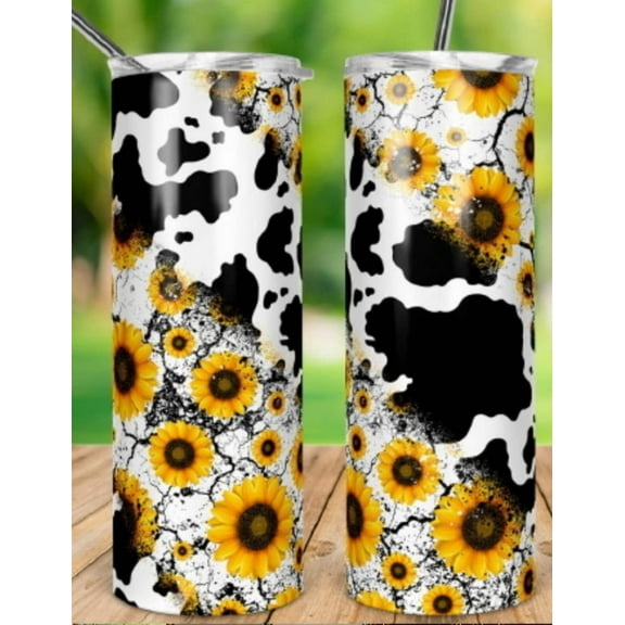 20oz Stainless Steel Tumbler with Cow Print and Sunflower design