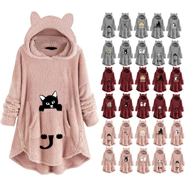 Long Hoodie Dress Women Cute Pattern Winter Cat Ear Fleece Fuzzy Hooded Blanket Dress Plush Tops For Teen Girls