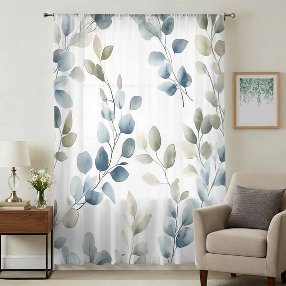 Teal Blue Botanical Sheer Curtains 96 Inches Long, Eucalyptus Leaves Watercolor Summer Light Filering Curtains, Privacy Drapes Simi Floor to Veiling Curtain for Living Room Bedroom Window Treatment