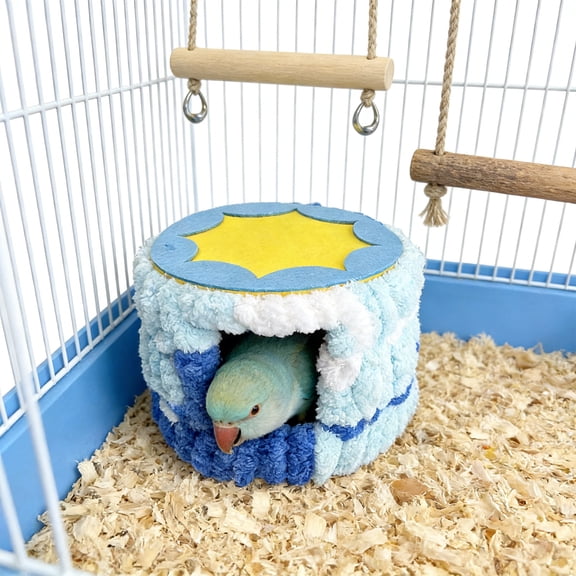 Parrot Cotton Hammock Nest, Winter Warm Hanging Bed for Small Birds, Hand-Woven Plush Bird House for Cockatiel Lovebird Cage(Blue,A)