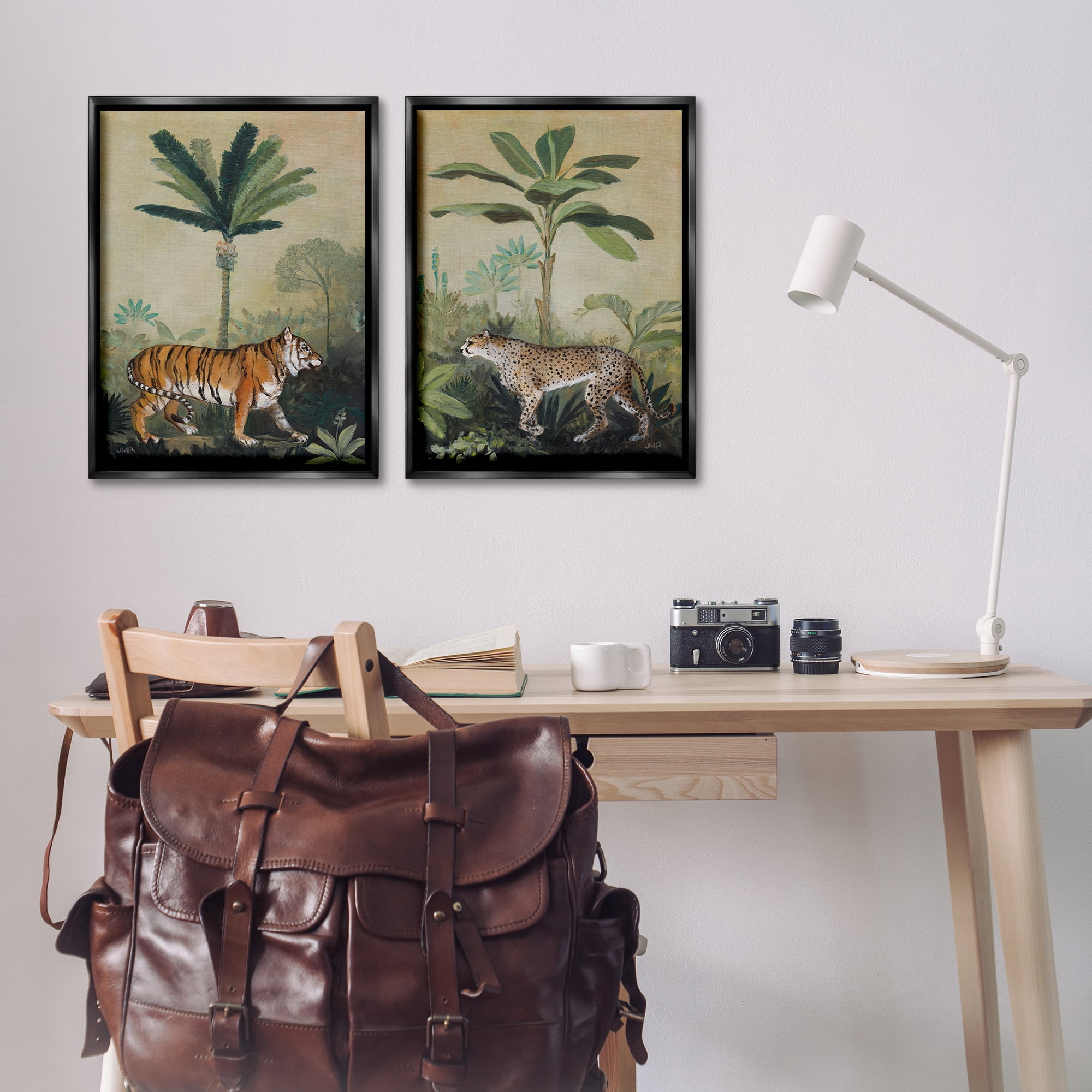 Stupell Industries Tiger Cheetah Jungle Forest Animals Painting Black Floater Framed Canvas Art Print Wall Art, 21 x 31, Set of 2