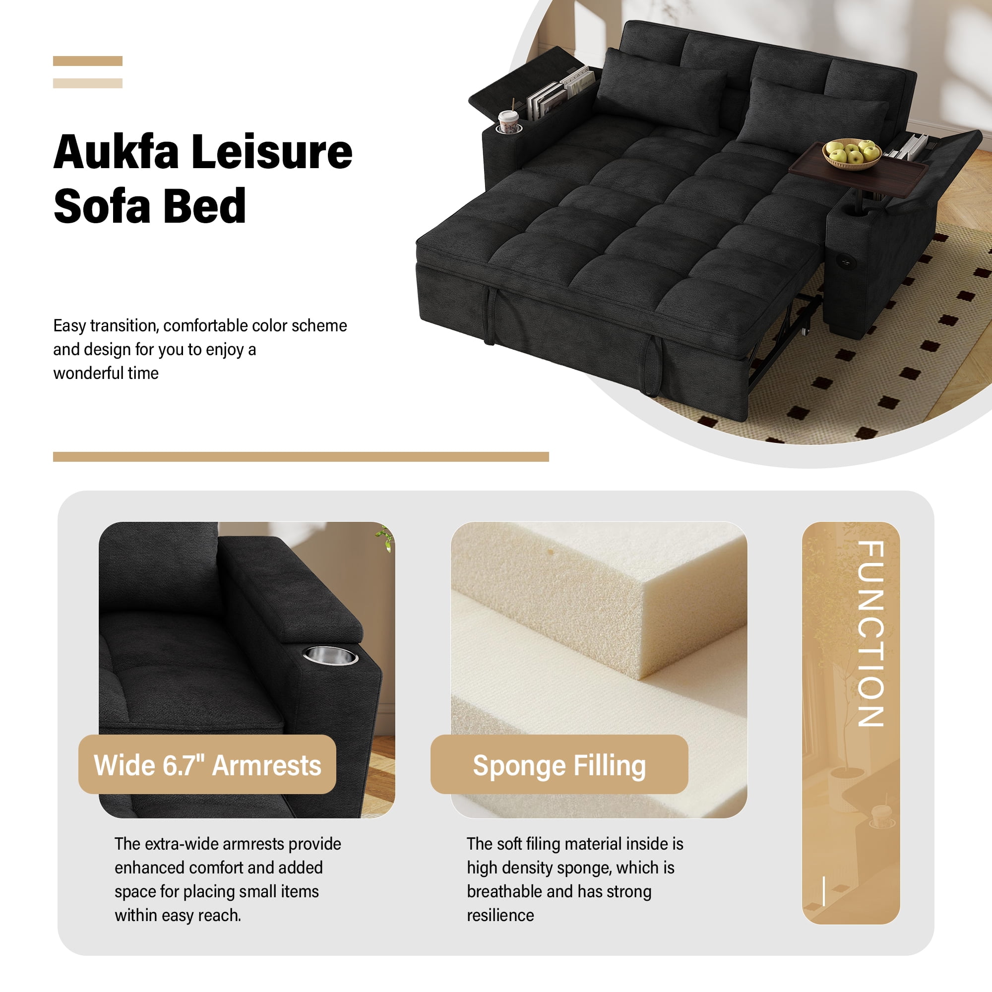 Aukfa 65"W Convertible 3-in-1 Sofa Bed with Storage, Queen Chenille Sleeper Couch with USB/Type-C Ports & Rotating Side Table,Black