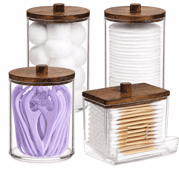 HBlife 4 Pack Qtips Holder Bathroom Container, 10/7 OZ Cotton Ball/Swabs Dispenser, Apothecary Jar Organizer for Storage Brown Wood Lids