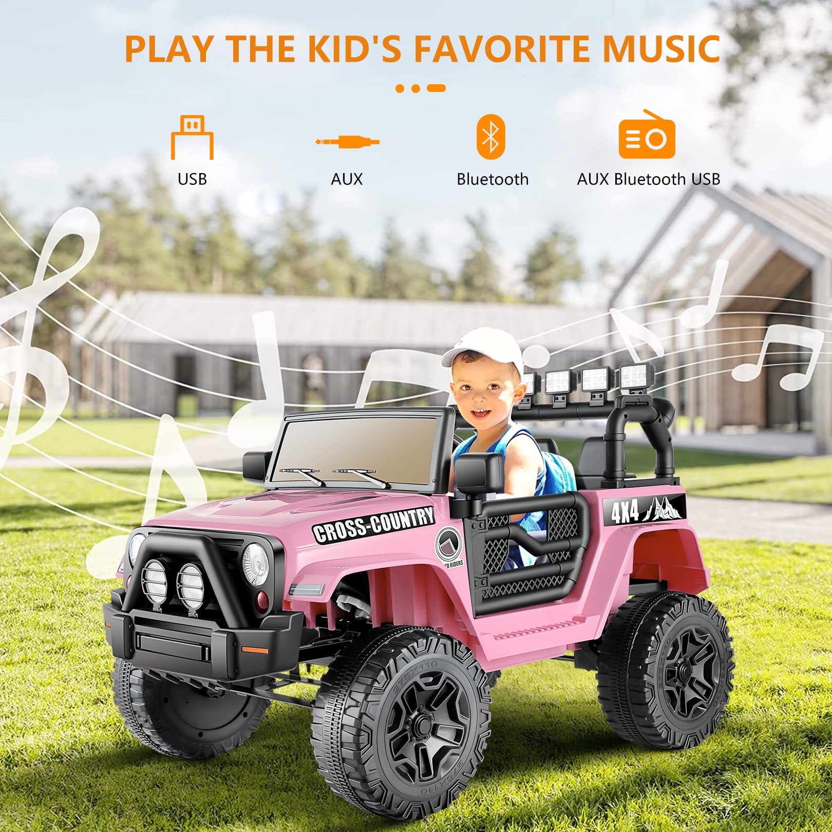Funcid Ride on Truck Car, Kids 12V Electric Ride on Toys with Parent Remote Control, Spring Suspension, Bluetooth Music, LED Lights - Pink