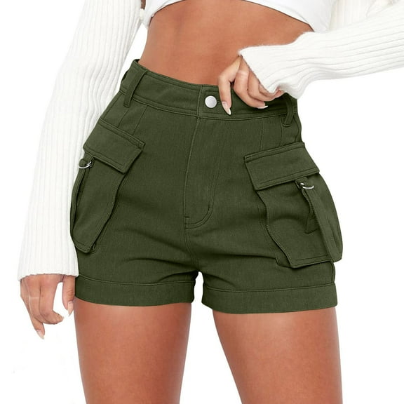IROINNID Shorts for Women Straight Barrel High Waist Solid Pocket Work Shorts,Olive Green