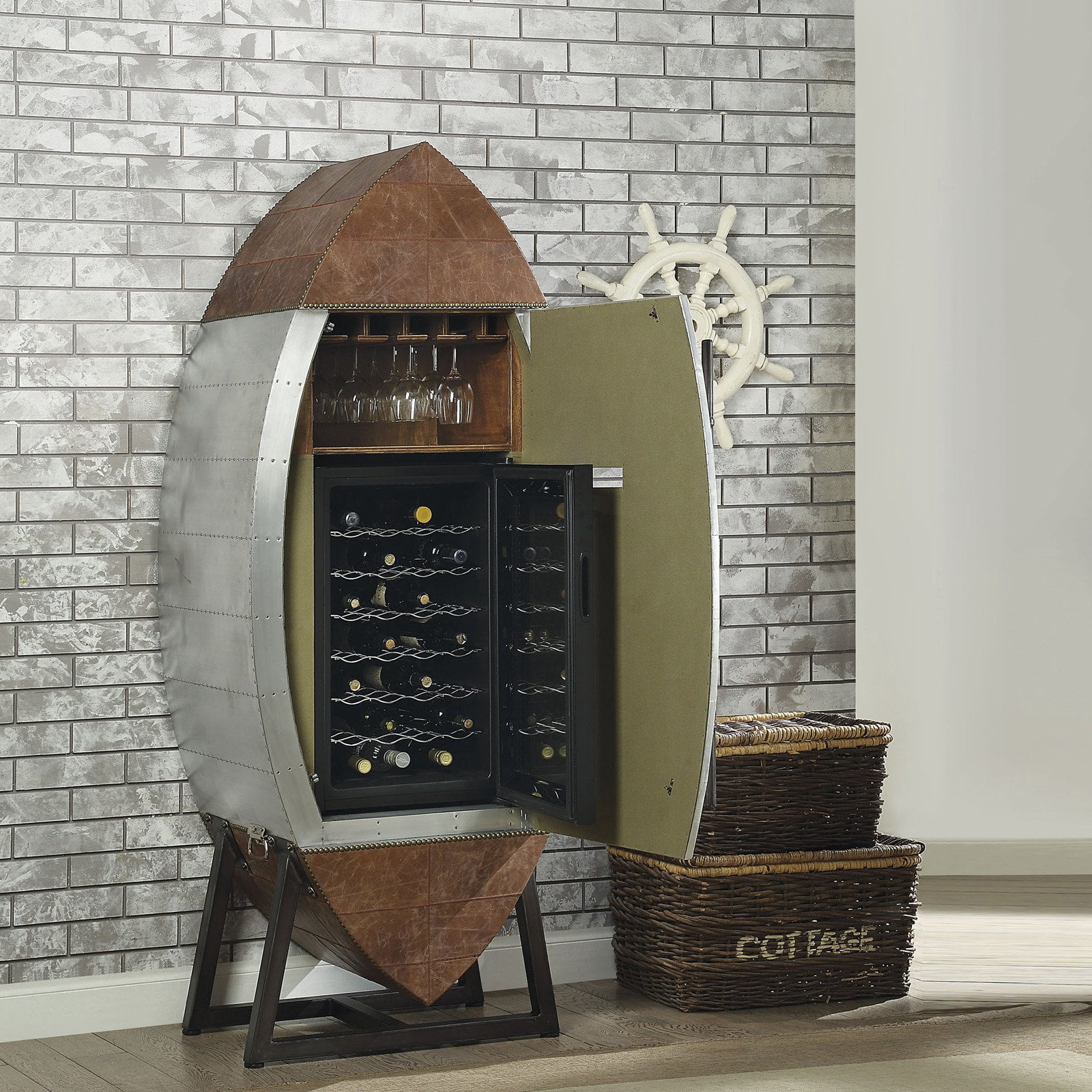 Acme Furniture Brancaster Wine Cooler Cabinet in Retro Brown and Aluminum