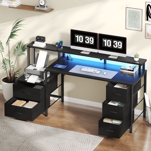 JIOABL Spacious 67'' Computer Workstation with 4 Drawers, Printer Nook & USB Power Outlet,Black
