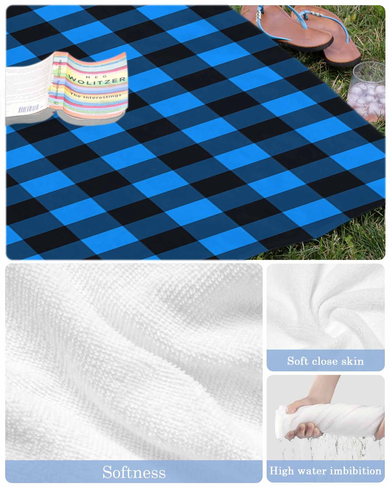 Black Blue Plaid Beach Towels Oversized Super Absorbent, Country Buffalo Checked Gingham Lightweight Bath Towel Quick Dry Sets For Bathroom/Pool/Rv Camping/Beach Play/Gym Room/Picnic 31"x62"