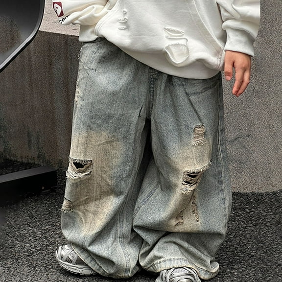 hengsof Boys' Distressed Denim Wide Leg Pants, Solid Color Casual Jeans with Pockets, Comfortable Elastic Waist Pants, Suitable for Children 2-14 Years