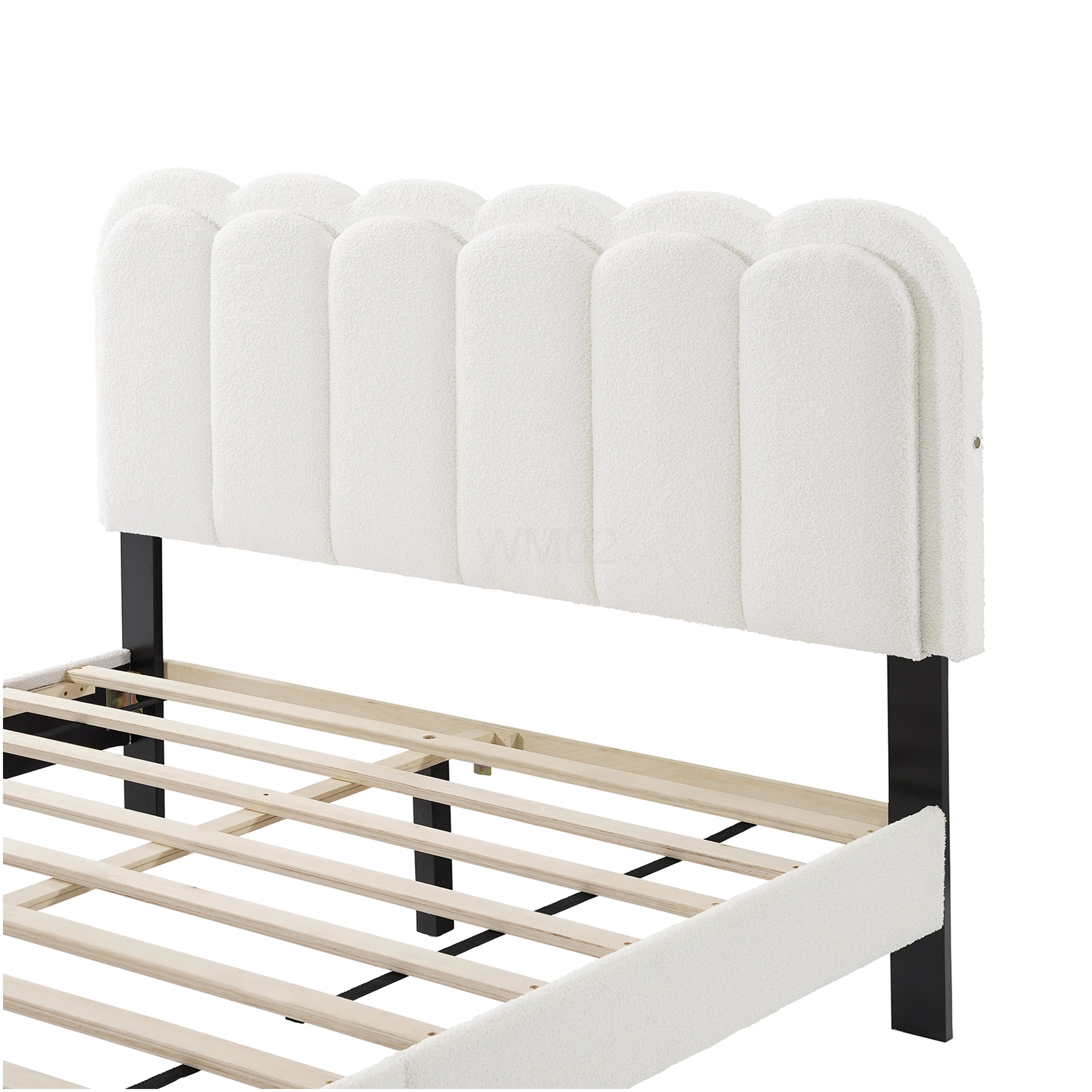 Queen Upholstered Bed Frame with LED Headboard and Storage, Modern Platform Bed with Soft Boucle Fabric, Noise Free, Wood Slat Support