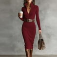 thumbnail image 2 of VEKDONE Sweater Dress for Women Slim Fit Half Turtleneck V-Neck Long Sleeve Knitted Midi Dress Fall Casual Jumper Dresses (Without Belt) Wine S, 2 of 6