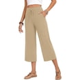 thumbnail image 6 of Nooxsoe Women High Waist Drawstring Straight Yoga Capri Pants Elastic Pull On Waist Mid-Calf Cropped Trousers with Side Patch Pockets Stretch Tummy Control Workout Lounge Travel Bottoms Beige L, 6 of 9