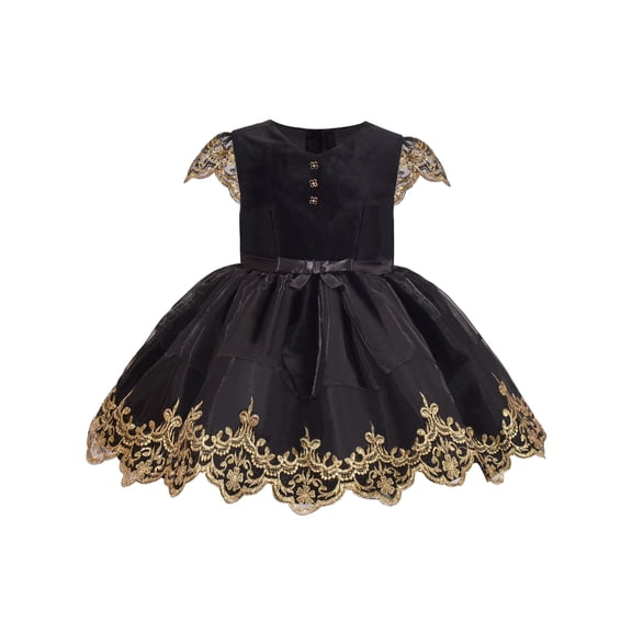 Girls Dress Velvet Gold Lace Vintage Gauze Skirt Big Bow Flare 5 Years