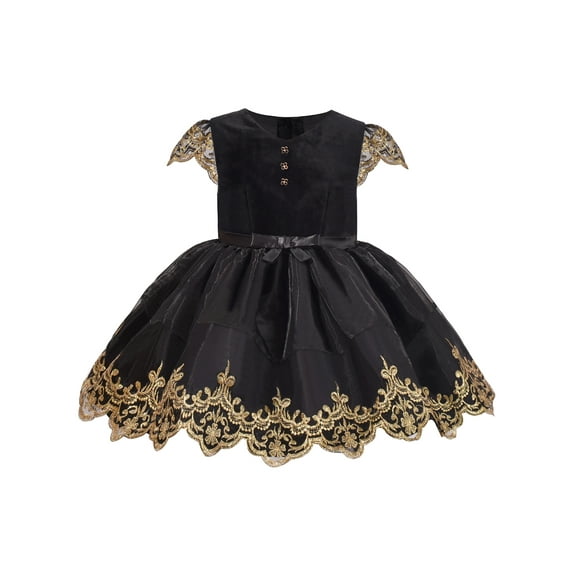 Girls Dress Velvet Gold Lace Vintage Gauze Skirt Big Bow Flare 6 Years