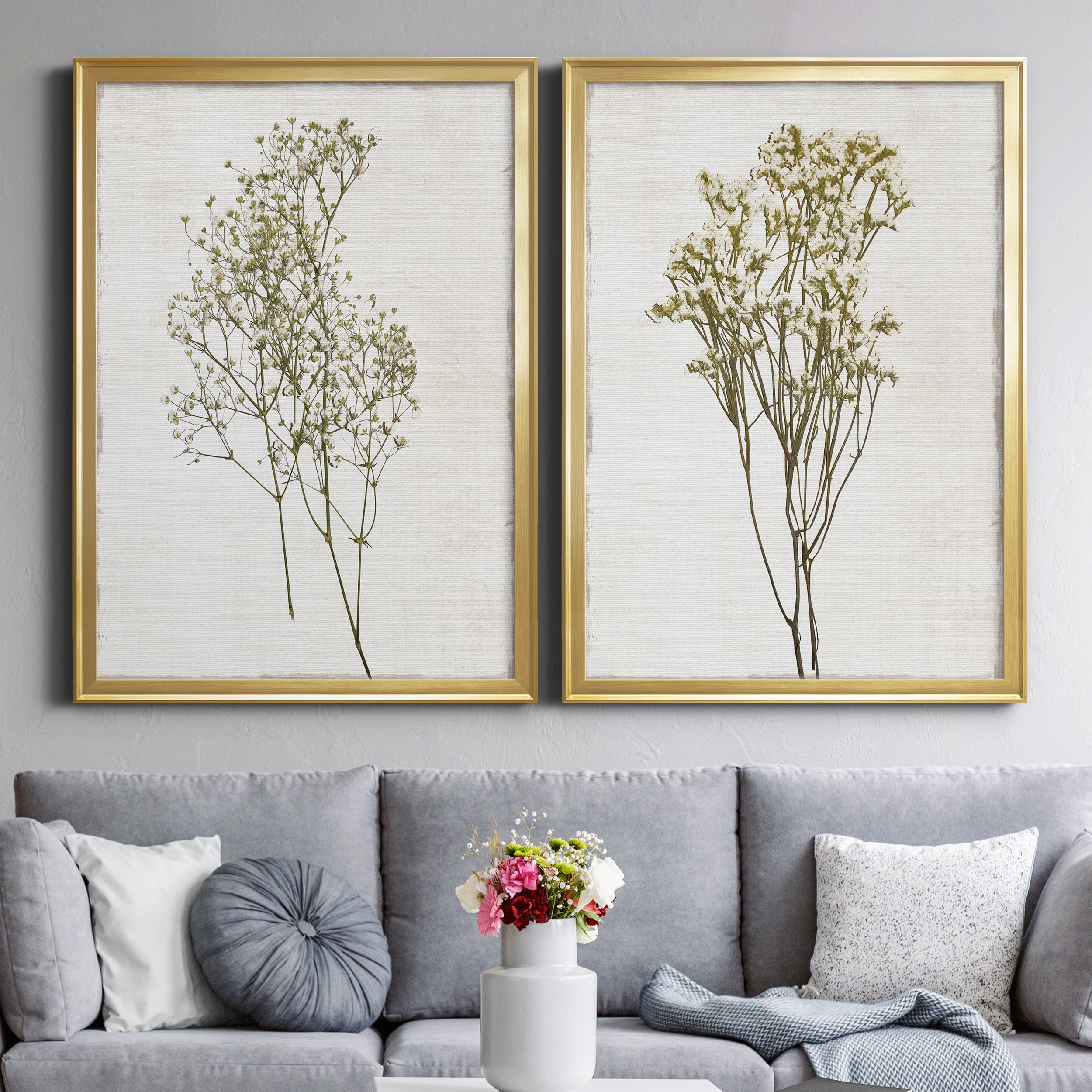 2 Piece Set Farmhouse Pressed Flower I Premium Framed Canvas - Ready to Hang - 26.5 x 36.5 Each - Gold Frame