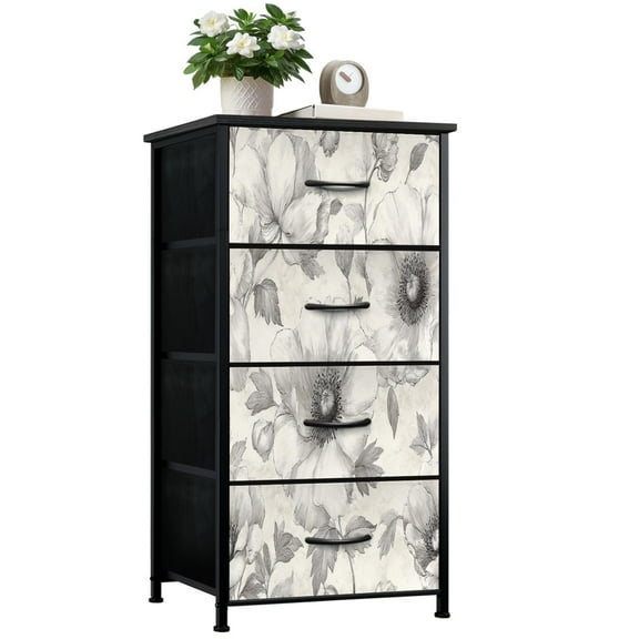 Dresser for Bedroom with 4 Storage Drawers Black White Floral Hand Drawn Anemone Flowers Leaves Dressers Chest of Drawers Steel Framed Fabric Closet Organizers for Entryway