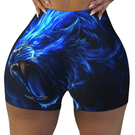Workout Shorts Women  Roaring Blue Lion Flame Biker Shorts for Women Running Gym Spandex Shorts Tummy Control